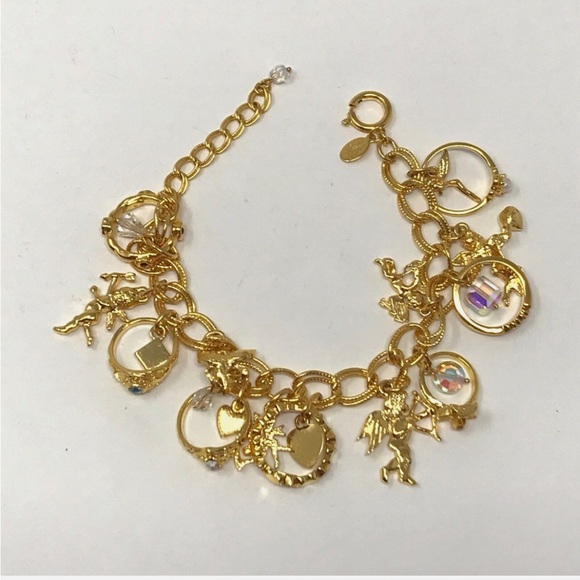 Kirks Folly charm bracelet crystal gold rings hearts cherubs dangles -Bnwot - Picture 2 of 15